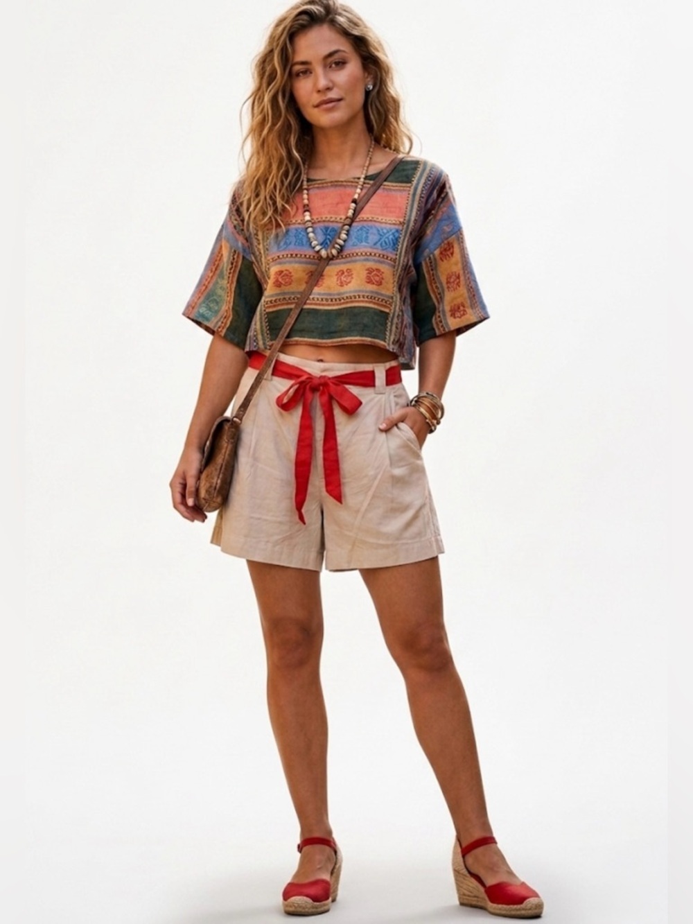 Free People Perfect Prep Trouser Shorts Red Ribbon Belt Tan/Khaki Size 8